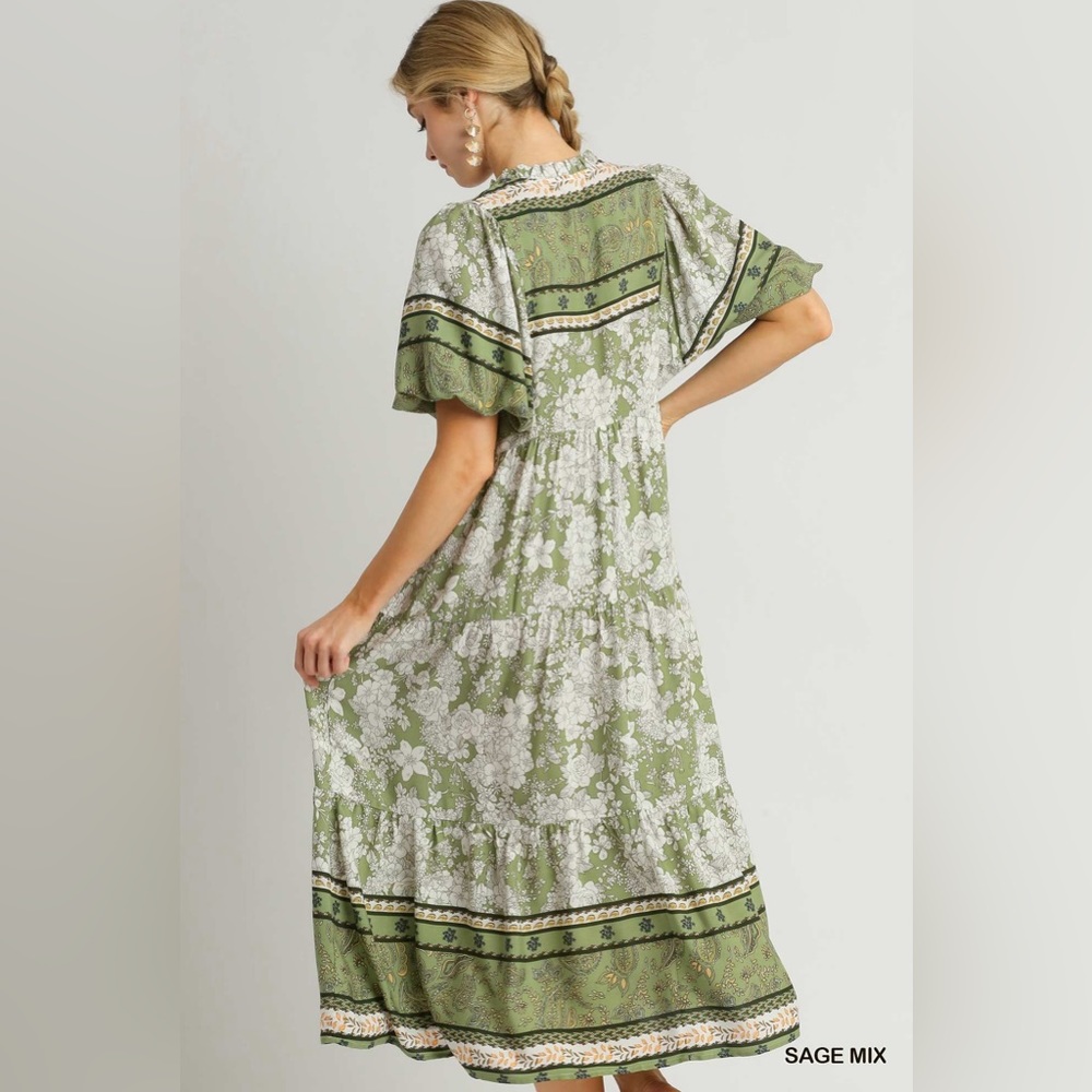 Umgee NWT Boutique Boho Hippy Floral Print Dress S - L SAGE greenBohemian Gypsy - Picture 5 of 10